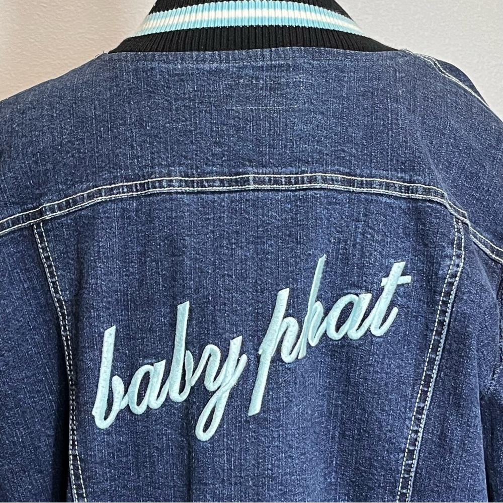 Vtg Baby Phat Y2K Denim Bomber Varsity Jean Jacket Size L Streetwear Retro Style - Picture 9 of 15